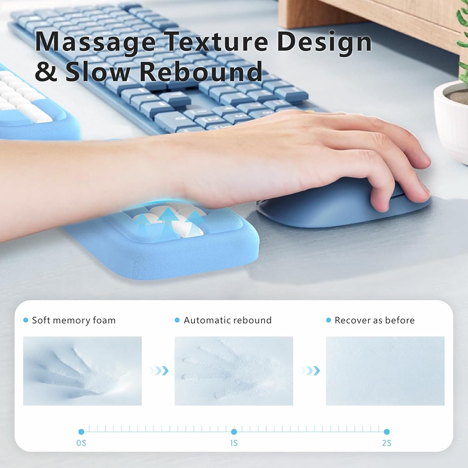 image:imageMEKASS Keyboard Wrist Rest Ergonomic Wrist Pad Soft Memory Foam Keyboard Hand Rest with NonSlip Base Easy Typing Pain Relief Comfort Support for Office Work Gaming Accessories Purple WhiteBlue White