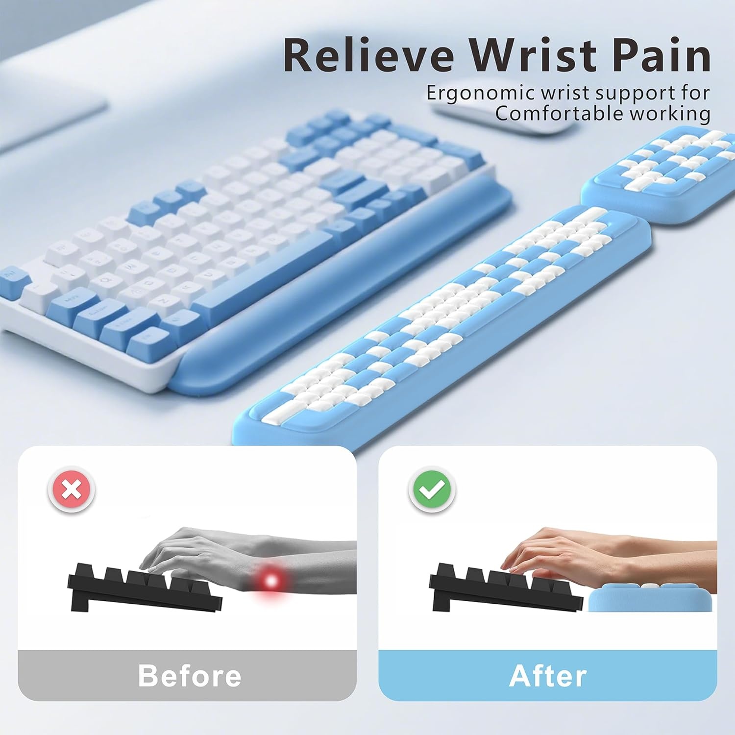 image:imageMEKASS Keyboard Wrist Rest Ergonomic Wrist Pad Soft Memory Foam Keyboard Hand Rest with NonSlip Base Easy Typing Pain Relief Comfort Support for Office Work Gaming Accessories Purple WhiteBlue White