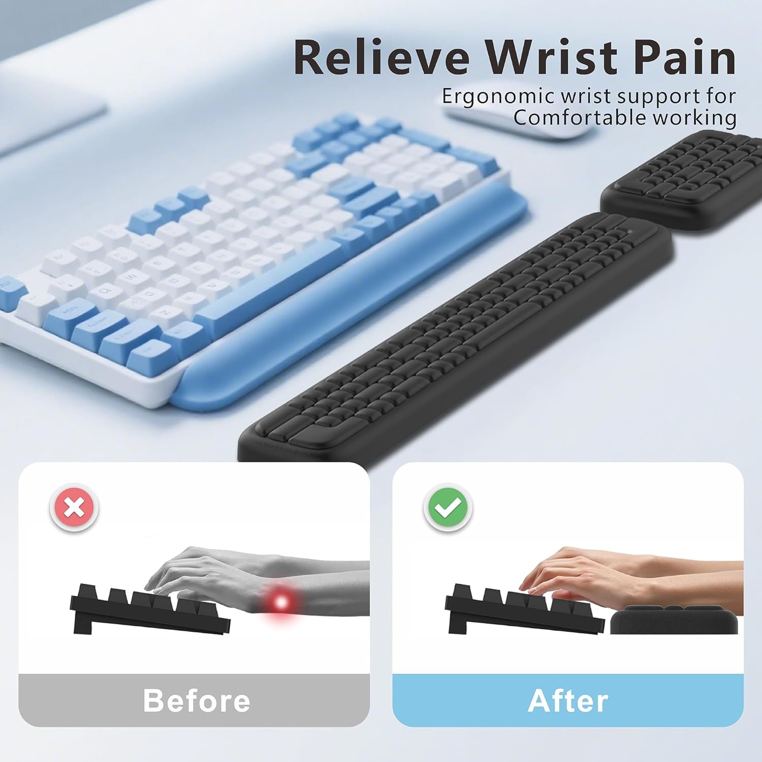 image:imageMEKASS Keyboard Wrist Rest Ergonomic Wrist Pad Soft Memory Foam Keyboard Hand Rest with NonSlip Base Easy Typing Pain Relief Comfort Support for Office Work Gaming Accessories Purple WhiteClassic Black