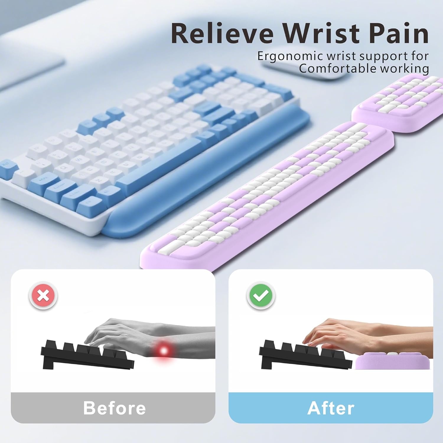 image:imageMEKASS Keyboard Wrist Rest Ergonomic Wrist Pad Soft Memory Foam Keyboard Hand Rest with NonSlip Base Easy Typing Pain Relief Comfort Support for Office Work Gaming Accessories Purple WhitePurple White